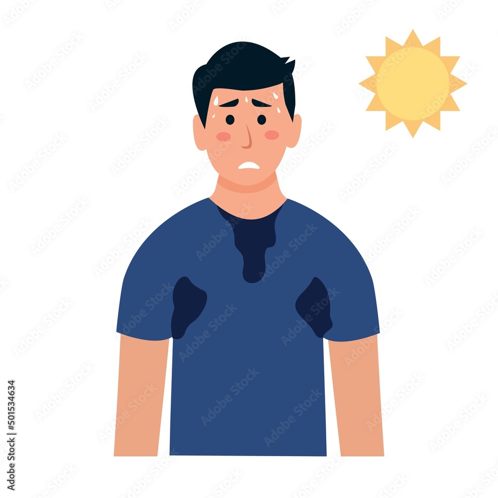 Man sweating a lot. Guy feels hot and exhausted, boy with sweaty clothes. Vector illustration Man sweating a lot. Guy feels hot and exhausted, boy with sweaty clothes. Vector illustration