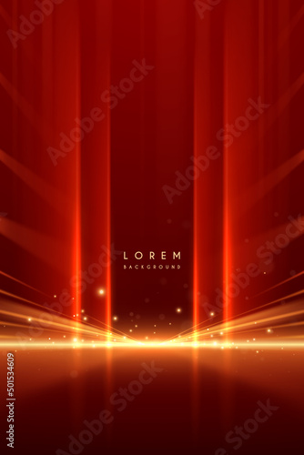 Abstract red background with golden light rays effect Fototapeta