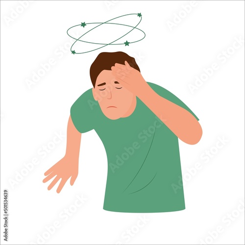 Dizziness. Man with closed eyes holds his hand on head, stars spin around his head. Sick man with vertigo.Vector illustration, flat design.