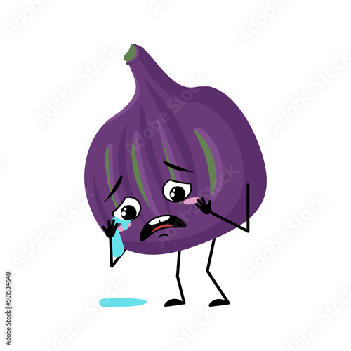 Fig character with crying and tears emotion, sad face, depressive eyes, arms and legs. Person with melancholy expression, violet fruit emoticon. Vector flat illustration