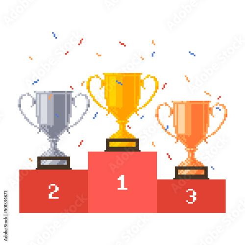 Pixel podium with trophy cups. Goblets on pedestal. Vector illustration.