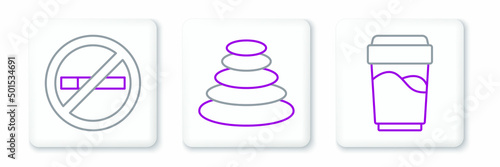Set line Glass with water, No Smoking and Stack hot stones icon. Vector
