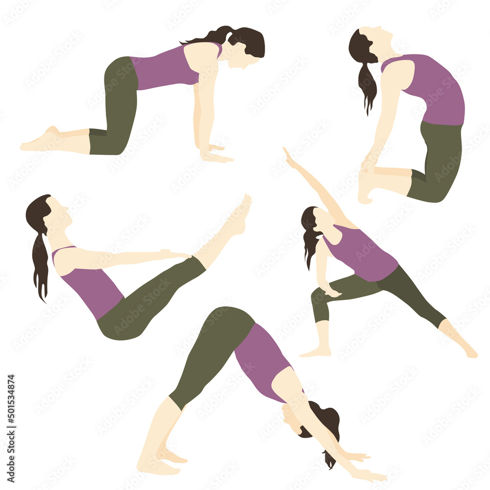 Set of Yoga Poses People. Characters with Yoga Exercise, Fitness and Workout with Different Poses. Vector graphics. Vector illustration. Beginner yoga poses