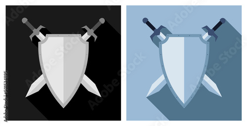 Pair of crossed swords against background of knight shield. Emblem of royal family. Simple flat vector