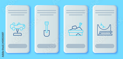 Set line Shovel toy, Sandbox with sand, Swing car and Skate park icon. Vector