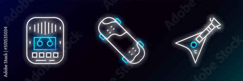 Set line Electric bass guitar, Cassette tape player and Skateboard trick icon. Glowing neon. Vector