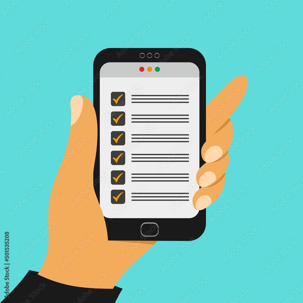 hand holding smartphone with to do list on the display. Archiving item. Finger touch screen. Vector flat cartoon illustration for advertisement, web sites, banners, infographic design. hand holding smartphone with to do list on the display. Archiving item. Finger touch screen. Vector flat cartoon illustration for advertisement, web sites, banners, infographic design.