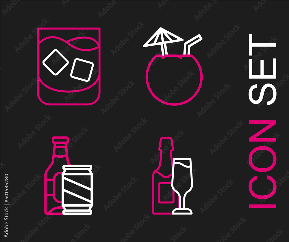 Set line Champagne bottle and glass, Beer beer can, Coconut cocktail and Glass of whiskey icon. Vector