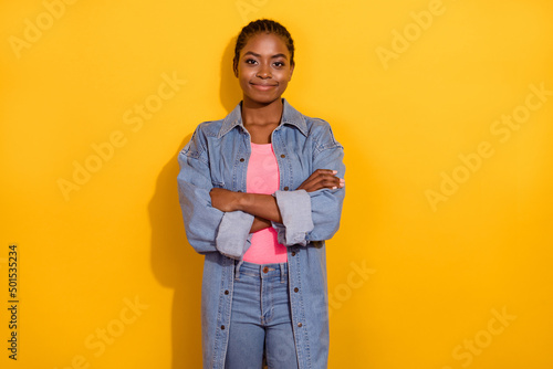Photo of young lovely girl folded hands smart leader manager wear modern outfit isolated over yellow color background