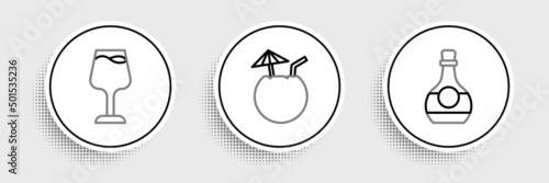 Set line Bottle of cognac or brandy, Wine glass and Coconut cocktail icon. Vector
