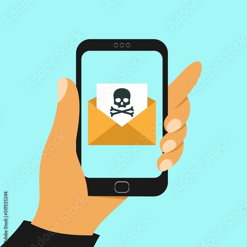 Hand holding smartphone with received envelope with black document and skull icon. Email fraud, virus, malware, e-mail spam, phishing concept. Flat design graphic with long shadow. Vector illustration