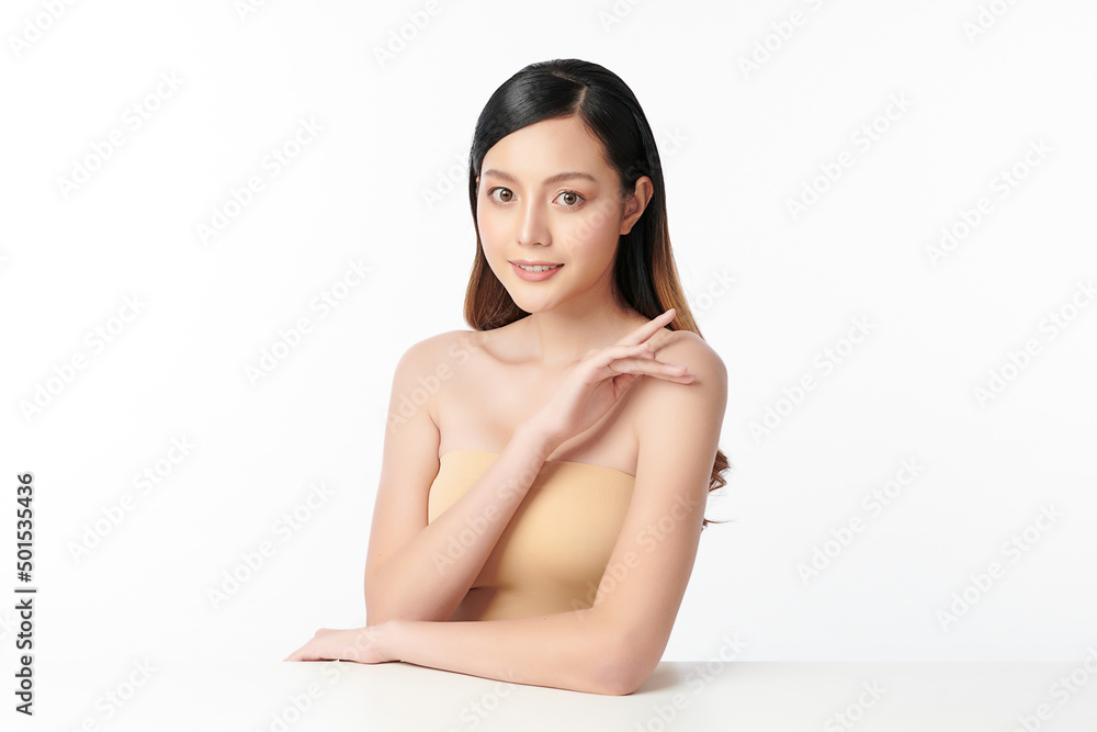 Obraz premium Beautiful young asian woman with clean fresh skin on white background, Face care, Facial treatment, Cosmetology, beauty and spa, Asian women portrait.