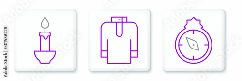Set line Qibla, Burning candle and Shirt kurta icon. Vector