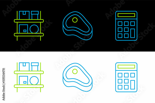 Set line Calculator, Warehouse interior with boxes and Steak meat icon. Vector