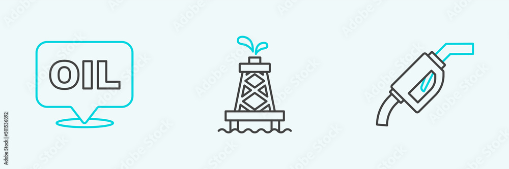 Set line Gasoline pump nozzle, Word oil and Oil rig icon. Vector