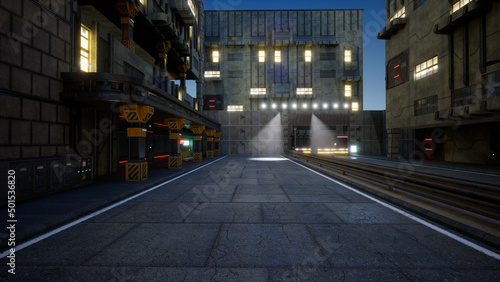 Cyberpunk city street, 3d render