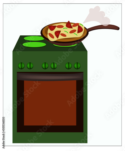 The illustration of a green stove with a frying pan and a tasty pizza. This logotype can be used for pizza companies, pizzeria, restaurants, cafes and bars. Vector illustration, isolated.