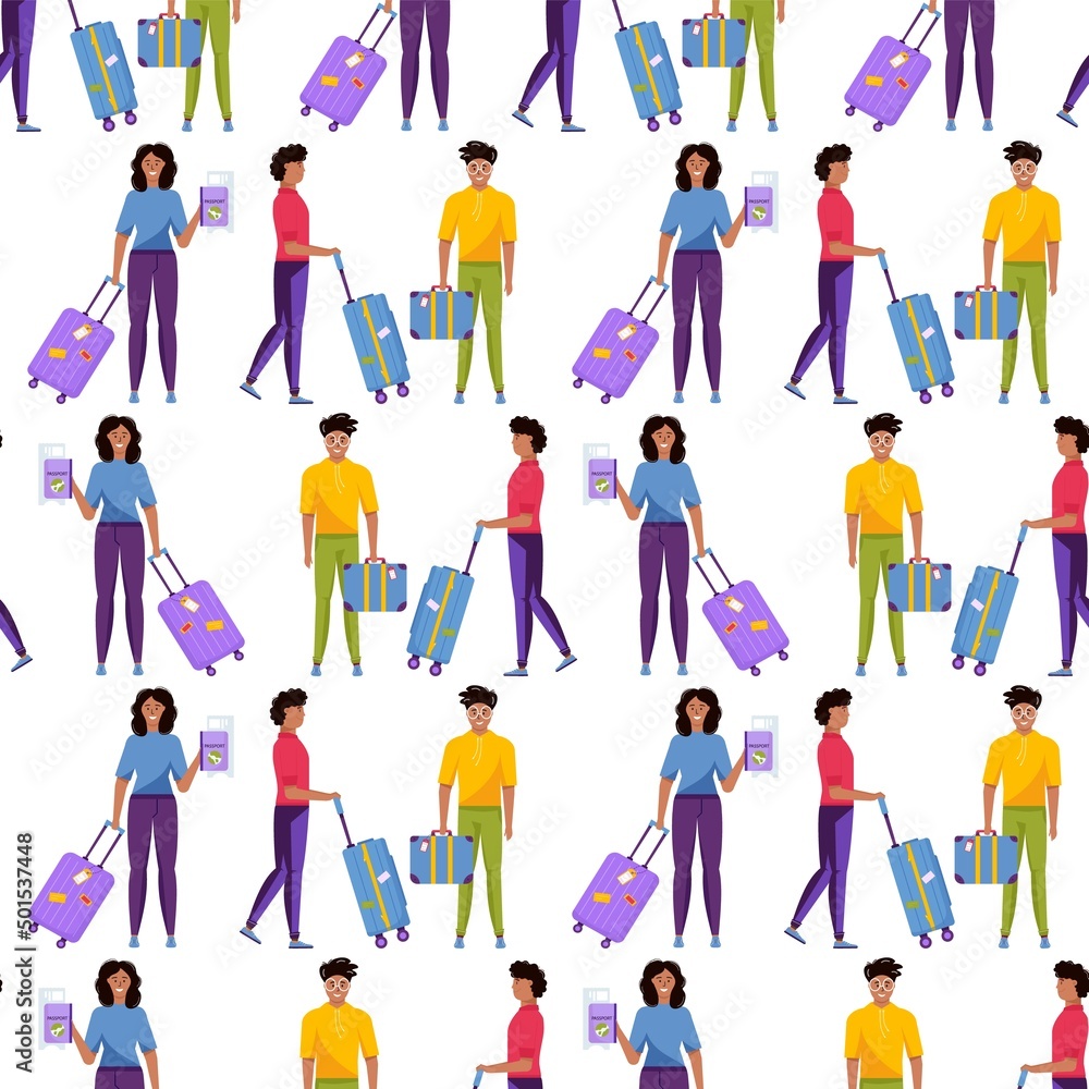 Seamless pattern with people holding suitcase, baggage for tourism. Set of travel stuff for adventure vacation, travel. Journey decorative design. Flat cartoon trendy vector