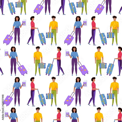 Seamless pattern with people holding suitcase  baggage for tourism. Set of travel stuff for adventure vacation  travel. Journey decorative design. Flat cartoon trendy vector