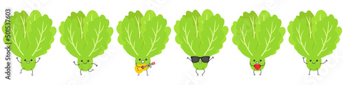 Lettuce cute character cartoon leaves green salad set greeting jumping loves sings running smiling face happy joy emotions icon vector illustration.
