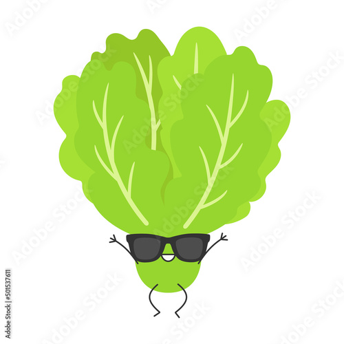 Happy lettuce cute character cartoon leaves green salad  jumping smiling face joy emotions vector illustration.