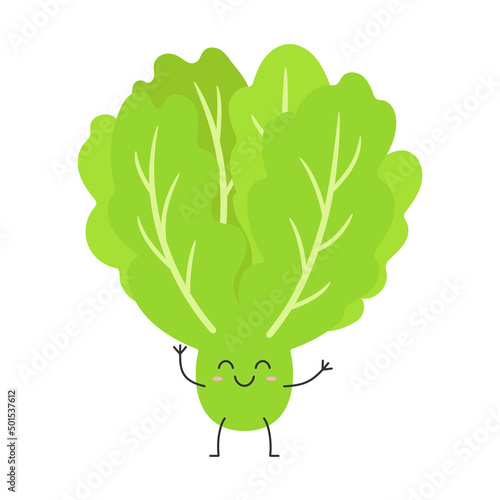 Leaves lettuce cute character cartoon green salad greeting smiling face happy joy emotions vector illustration.