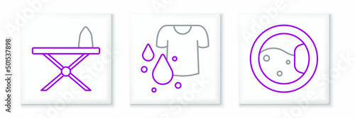 Set line Washer, Iron and ironing board and Dirty t-shirt icon. Vector