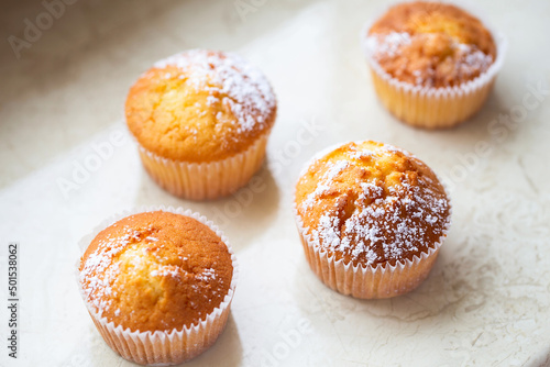 Sweet muffins with powdered sugar and blossoms. Homemade bakery. Muffins in white capsules decorated with fruit tree flowers.