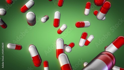 Animation of red and white capsules falling slowly on green background. Drug overprescribing and abuse motion concept. Opioid addiction crisis background photo