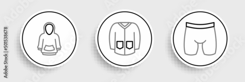 Set line Cycling shorts, Hoodie and Sweater icon. Vector