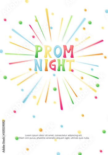 Vector illustration with fireworks, confetti and bright inscription Prom Night on white background. For greeting card, party invitation or mailing, banner, poster, newsletter.