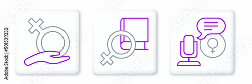 Set line Microphone, Female gender and Book about women icon. Vector
