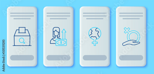 Set line Money growth woman, Feminism in the world, Female vote right and gender icon. Vector