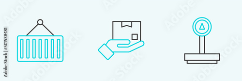 Set line Scale  Container on crane and Delivery hand with box icon. Vector