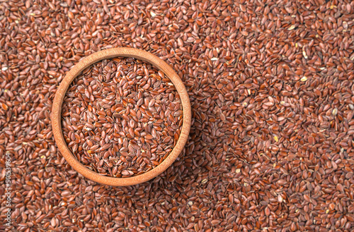 Flax seeds, source of omega 3. Top view, copy space. Healthy, organic food.