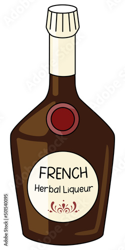 Classic French Herbal Liqueur in a bottle. Doodle cartoon hipster style vector illustration isolated on white background. Good for party card, posters, bar menu or alcohol cook book recipe.