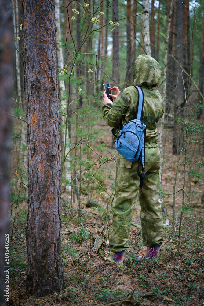 A forester in a camouflage suit in the forest takes notes on his smartphone. Work in the forest. Forestry. Ecology of the forest.