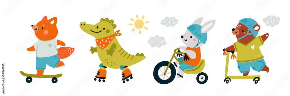 Cute baby animals ride roller skate, scooter, bicycle, skateboard. Сartoon cubs have fun in the summer. Milestone clipart. Summer activity sportive animals illustration. Fox, bear, bunny, crocodile Cute baby animals ride roller skate, scooter, bicycle, skateboard. Сartoon cubs have fun in the summer. Milestone clipart. Summer activity sportive animals illustration. Fox, bear, bunny, crocodile