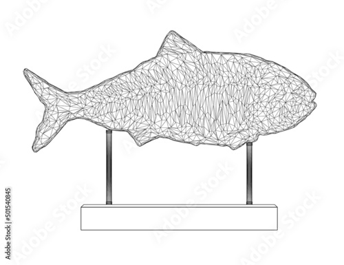 Fish figurine wireframe from black lines isolated on white background. 3D. Vector illustration