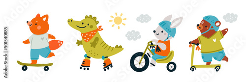 Cute baby animals ride roller skate, scooter, bicycle, skateboard. Сartoon cubs have fun in the summer. Milestone clipart. Summer activity sportive animals illustration. Fox, bear, bunny, crocodile