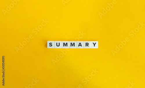 Summary Word and Banner. Letter Tiles on Yellow Background. Minimal Aesthetics.