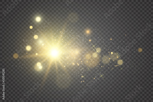 Special lens flash, light effect. The flash flashes rays and searchlight. illust.White glowing light. Beautiful star Light from the rays. The sun is backlit. Bright beautiful star. Sunlight. Glare.
