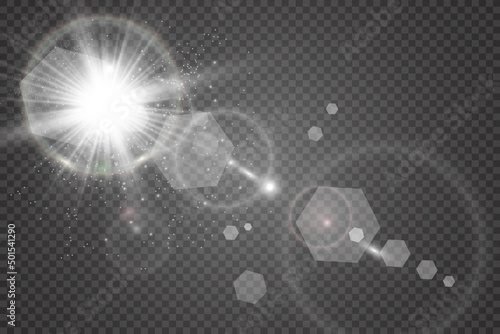 Special lens flash, light effect. The flash flashes rays and searchlight. illust.White glowing light. Beautiful star Light from the rays. The sun is backlit. Bright beautiful star. Sunlight. Glare.