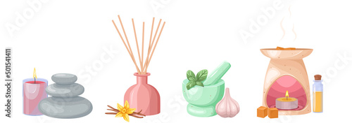 A set of aromatic items on an isolated white background. Hygge time. Set for aromatherapy and relaxation. Hand drawn cartoon vector. Fragrance concept. Hot stones, scented candles and sticks, mortar.