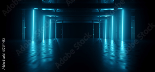Photo Neon Lights Grunge Sci Fi Stage Laser Showroom Tunnel Corridor Underground Garag