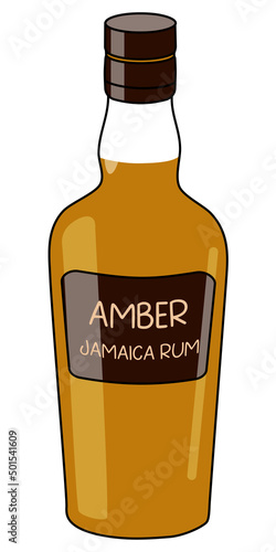 Amber Jamaica rum in the bottle. Doodle cartoon hipster style vector illustration isolated on white background. Good for party card, posters, bar menu or alcohol cook book recipe.