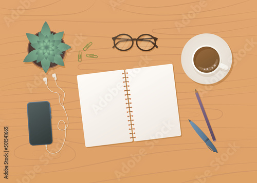 vector illustration, desktop with open notebook and pen top view. business man's desk. white blank sheet of paper for writing