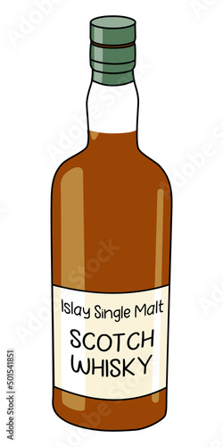 Islay Single Malt Scotch Whisky in a bottle. Doodle cartoon hipster style vector illustration isolated on white background. Good for party card, posters, bar menu or alcohol cook book recipe
