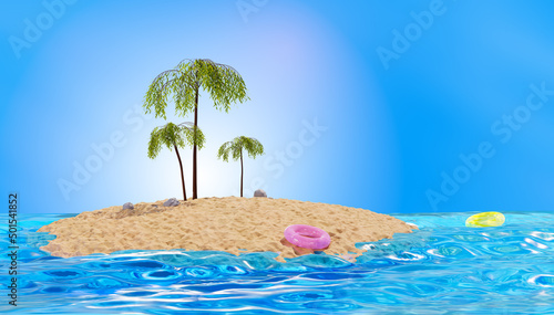 Tropical island with palm trees  3d render. Sandy island in the ocean. Tropical landscape. Vacation concept