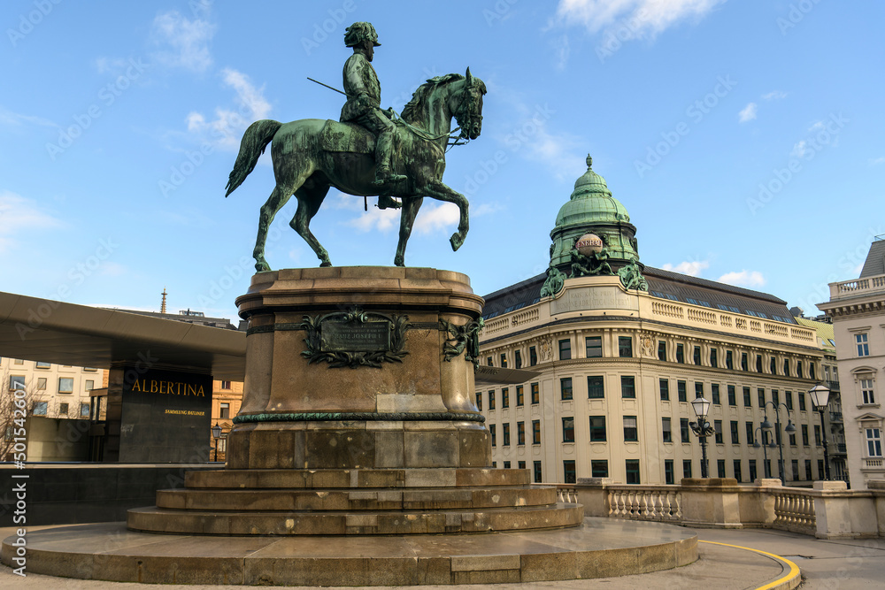 Erzherzog Albrecht equestrian monument near famous Albertina museum palace in Vienna, Austria. January 2022